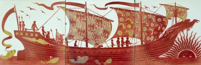 Tre piastrelle che raffigurano una nave che naviga al tramonto da William de Morgan