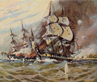 Batterie tedesche sulla spiaggia presso Eckernförde, 5 aprile 1849 (litografia a colori ingrandita) da Willy Stower