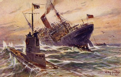 Distruzione di un piroscafo mercantile britannico da parte di un U-boat tedesco, Prima Guerra Mondiale da Willy Stöwer