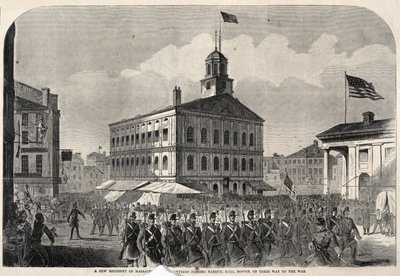 Un nuovo reggimento di volontari del Massachusetts che passa davanti a Faneuil Hall, a Boston, mentre si reca alla guerra da Winslow Homer