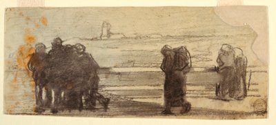 Disegno, Figure che si affacciano su una baia e una piccola barca, Cullercoats, Inghilterra, 1881-82 da Winslow Homer