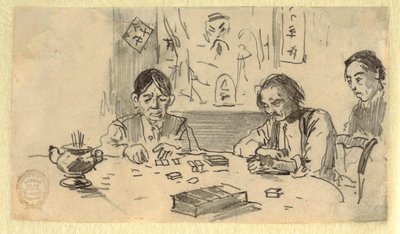 Disegno, Tre uomini cinesi che giocano a domino in una club-house di Baxter Street, New York City, 1874 ca. da Winslow Homer