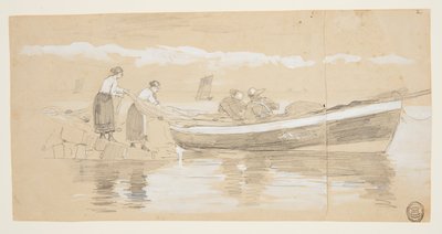 Pescatore e donne che ripongono reti in una dory arenata, Cullercoats, Inghilterra da Winslow Homer