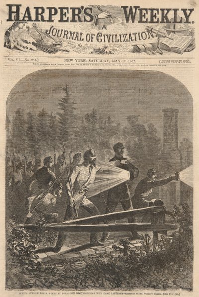 Ribelli fuori dalle loro opere a Yorktown che fanno ricognizione con lanterne scure, da Harper da Winslow Homer