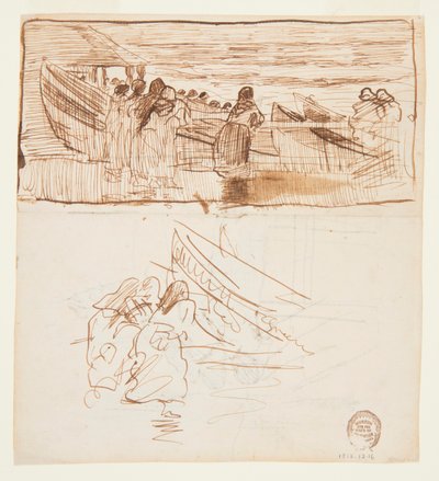 Due studi di donne in piedi dietro una ringhiera, guardando il varo delle dories, Cullercoats, Inghilterra da Winslow Homer