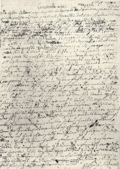 Wolfgang Amadeus Mozart (1756-1791) compositore austriaco. Lettera autografa alla sorella Nannerl. Napoli 19 marzo 1770 da Wolfgang Amadeus Mozart