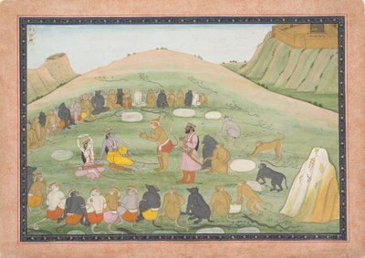 Hanuman rianima Rama e Lakshmana con erbe medicinali..., serie Ramayana da Workshop active in the First generation