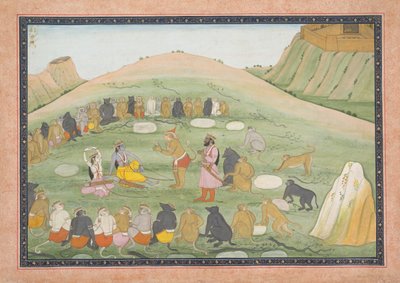 Hanuman rianima Rama e Lakshmana con erbe medicinali: foglio illustrato, ca. 1790 da Workshop active in the First generation
