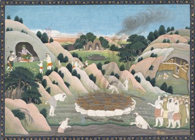 Il rogo funebre del Re Scimmia Vali: foglio illustrato da una serie dispersa del Ramayana, ca. 1780 da Workshop active in the First generation