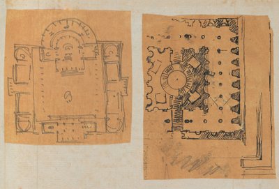 Pagina di un album contenente disegni e diverse stampe di architettura, int..., ca. 1800-1850. Creatori: Officina di Charles Percier, Officina di Pierre François Léonard Fontaine da Workshop of Charles Percier, Workshop of Pierre