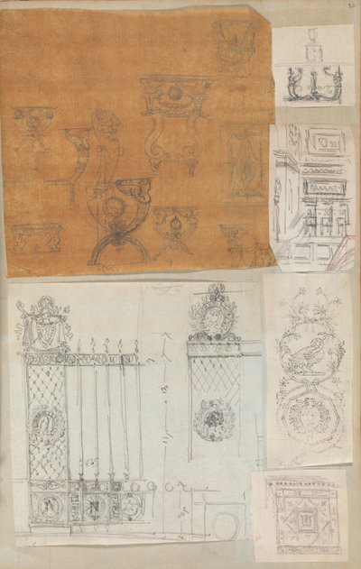 Pagina di un album contenente disegni e diverse stampe di architettura, ca. 1800-1850. Creatori: Officina di Charles Percier, Officina di Pierre François Léonard Fontaine da Workshop of Charles Percier, Workshop of Pierre