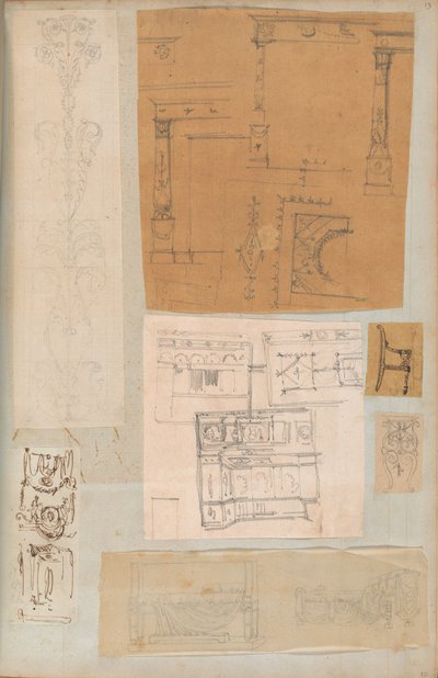 Pagina di un album contenente disegni e diverse stampe di architettura da Workshop of Charles Percier, Workshop of Pierre