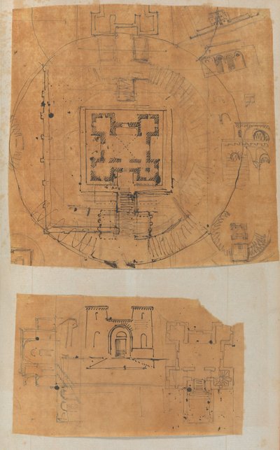 Pagina di un album contenente disegni e diverse stampe di architettura, ca. 1800-1850. Creatori: Officina di Charles Percier, Officina di Pierre François Léonard Fontaine da Workshop of Charles Percier, Workshop of Pierre