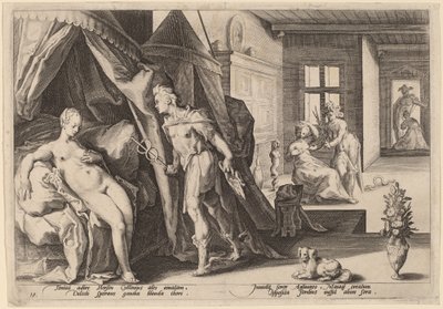 Mercurio entra nella stanza di Erse dopo aver trasformato Agraulos in pietra da Workshop of Hendrick Goltizus, after Hendrick Goltzius