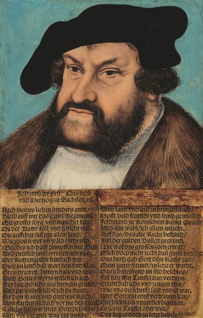 Tedesco: Johann der Beständige, Kurfürst von Sachsen (1486-1532) Johann the Steadfast. Elettore di Sassonia (1486-1532) da workshop of Lucas Cranach the Elder