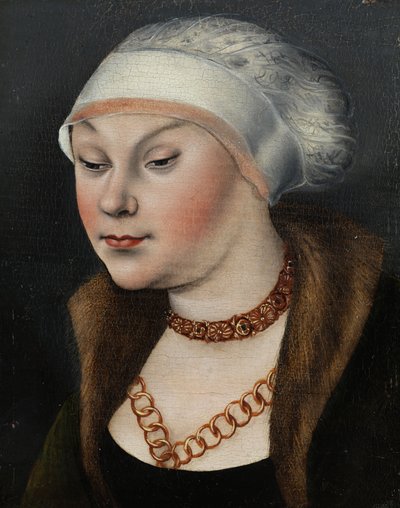 Tedesco: Kopf einer Dame mit weißer Haube (Omphale) Testa di donna con cappellino bianco da workshop of Lucas Cranach the Elder