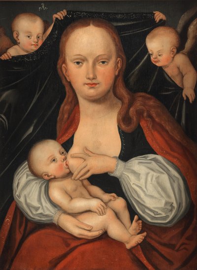 La Madonna con il Bambino davanti a una tenda sostenuta da due angeli da workshop of Lucas Cranach the Elder