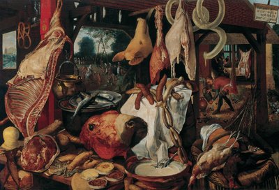 Natura morta con carne e la Sacra Famiglia da Workshop of Pieter Aertsen