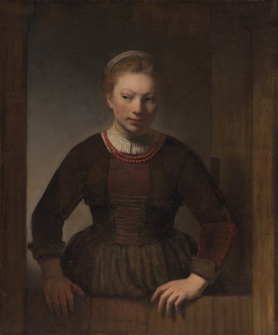 Giovane donna davanti a una mezza porta aperta da Workshop of Rembrandt van Rijn