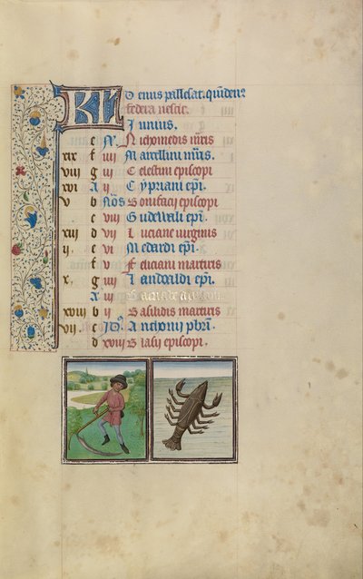 Un uomo che falcia; segno zodiacale del Cancro da Workshop of Willem Vrelant