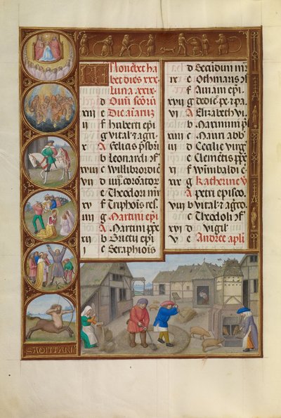Trebbiare e Nutrire i Maiali; Segno Zodiacale del Sagittario da Workshop of the Master of James IV of Scotland