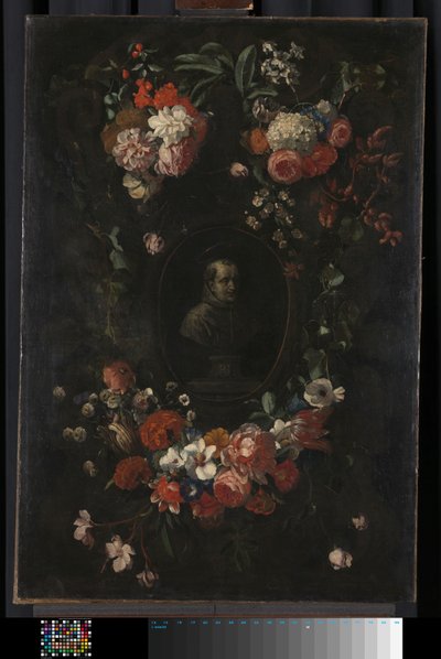Finto busto scolpito del Beato Hieronymus Werdanus in una finta cartouche di pietra, decorato con una ghirlanda e due mazzi di fiori da Wouter Gysaerts