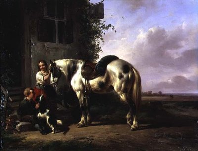 Esterno di una locanda con giovane ragazza, ragazzo, cane, cavallo da Wouterus Verschuur