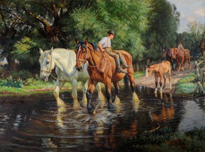Cavalli da Fattoria e Puledro a un Guado, c.1915 da Wright Barker