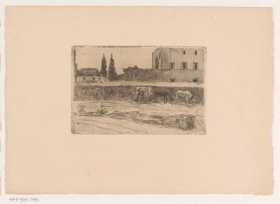 Paesaggio con edifici e una figura al lavoro da Xavier Mellery (attributed to)