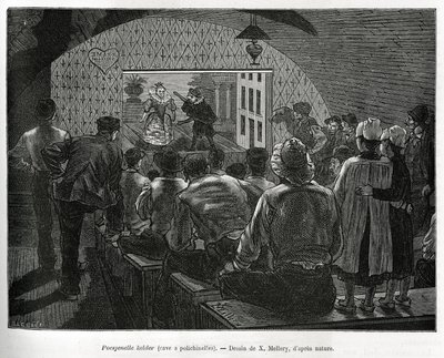 Cantina a Polichinelles, una cantina progettata per spettacoli di marionette. Incisione di X.Mellery, per illustrare la storia del Belgio, di Camille Lemonnier, pubblicata in Le tour du monde, a cura di Edouard Charton (1807-1890) da Xavier Mellery