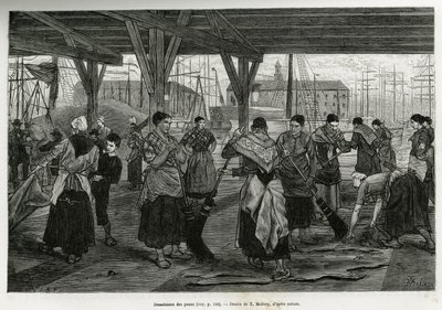 Desalazione delle pelli, da parte di donne che raschiano i resti delle bestie tese sotto le strutture delle sale del porto di Anversa. Incisione di X.Mellery, per illustrare la storia del Belgio, di Camille Lemonnier, pubblicato in Le tour du monde, edito  da Xavier Mellery