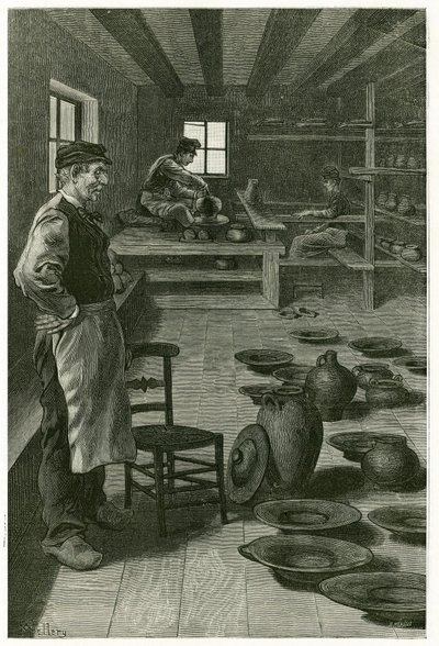 Il vasaio di Terneuzen, nel suo laboratorio, intasato di vasi e piatti, vicino alla finestra, il vasaio lavora l