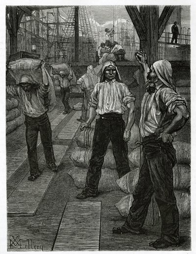 Lo scarico di una nave, i portuali con la testa coperta da un berretto di catrame, accumulano le merci sui moli del porto di Anversa. Incisione di X. Mellery, per illustrare il racconto del Belgio, di Camille Lemonnier, pubblicato in Le tour du monde, a cu da Xavier Mellery