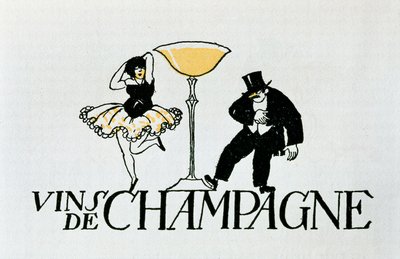 Vignetta pubblicitaria per vini Champagne che rappresenta una coppia che balla intorno a una coppa, XX secolo (manifesto) da Xavier Nogues