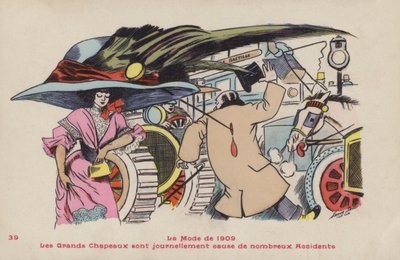 Cartolina satirica sui pericoli dei grandi cappelli e delle relative spille - la moda del 1909 da Xavier Sager