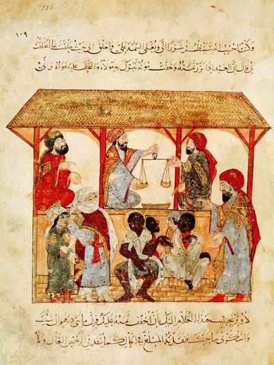 Ms. Ar 5847 f.105, Un mercato di schiavi, da "Al Maqamat" da Yahya ibn Mahmud Al Wasiti