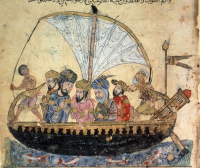 il borghese al-Harith (Al Harith), figlio di Hammam, e il navigatore errante Abu-Zayd (Abu Zayd) su una barca che naviga sull