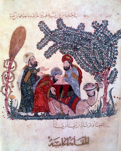 il borghese al-Harith (Al Harith), figlio di Hammam, scopre un messaggio dal navigatore errante Abu-Zayd (Abu Zayd) Miniatura tratta dalle “Maqamat” (Seances) di Abu Mohammed al-Kasim ibn Ali Hariri (o Al-Hariri o Al Hariri) (1054-1122) miniato da Yahya ibn Mahmud Al Wasiti