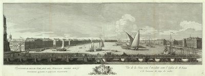 Vista del fiume Neva tra la chiesa di Isacco e il Corpo dei Cadetti. Libro per il 50º anniversario di San Pietroburgo, 1753 da Yakov Vasilyevich Vasilyev