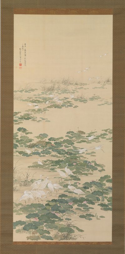 Aironi in uno stagno di loto, 1852 da Yamamoto Baiitsu