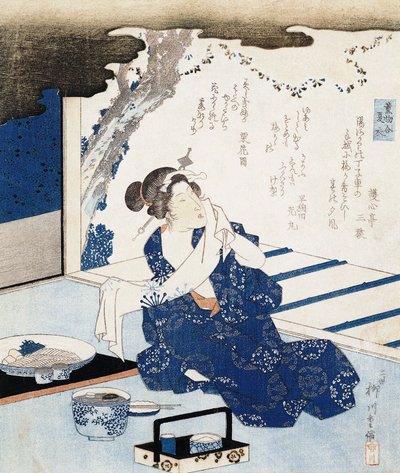 Cortigiana che indossa yukata (kimono in cotone blu e bianco), pannello decorato con poesia da Yanagawa II Shigenobu