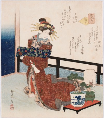 Miyako no hana "Fiore della capitale", termine usato per riferirsi a famosi attori, cortigiane o celebrità, che illustra una cortigiana accanto a un pino in vaso, con poesie di Shikishima Edamichi, Kagenro e Chokintei Seiki da Yanagawa II Shigenobu