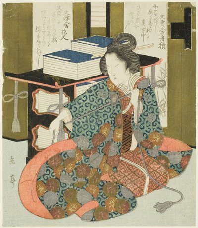 Una donna che tira la corda di una libreria su ruote, dalla serie "Un set di sette per il club Katsushika" da Yashima Gakutei