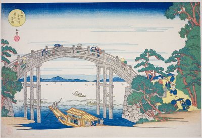 Il Ponte di Pietra sul Fiume Aji vicino alla Collina Nii, Osaka, dalla serie "Luoghi Famosi di Osaka: Belle Vedute del Monte Tenpo" da Yashima Gakutei