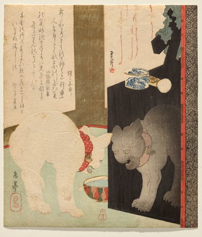 Gatto bianco riflesso in un comò laccato da Yashima Gakutei
