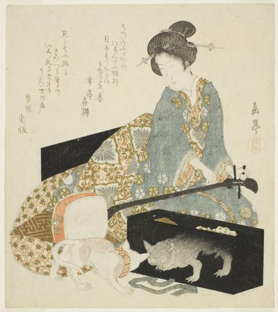 Donna con shamisen e gatto da Yashima Gakutei