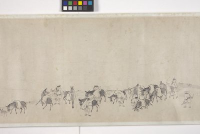Cento asini che trasportano grano, rotolo a mano, c.1700 da Ye Yin