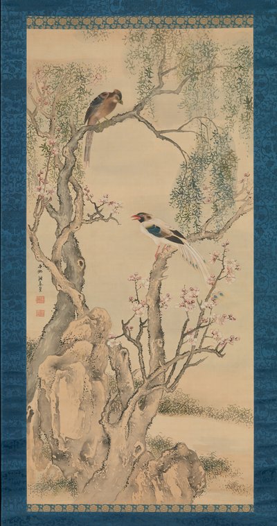 Uccelli nei salici e albero di pesco in fiore da Yosa Buson