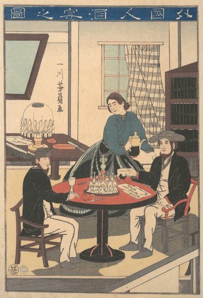 Festa del vino di uno straniero Gaikokujin shuen no zu, da una serie senza titolo..., 10° mese, 1860 da Yoshikazu