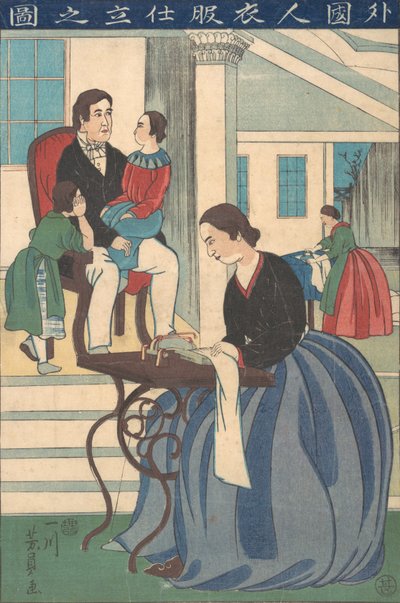 Famiglia Straniera con Moglie che Fa Vestiti, 1860 da Yoshikazu